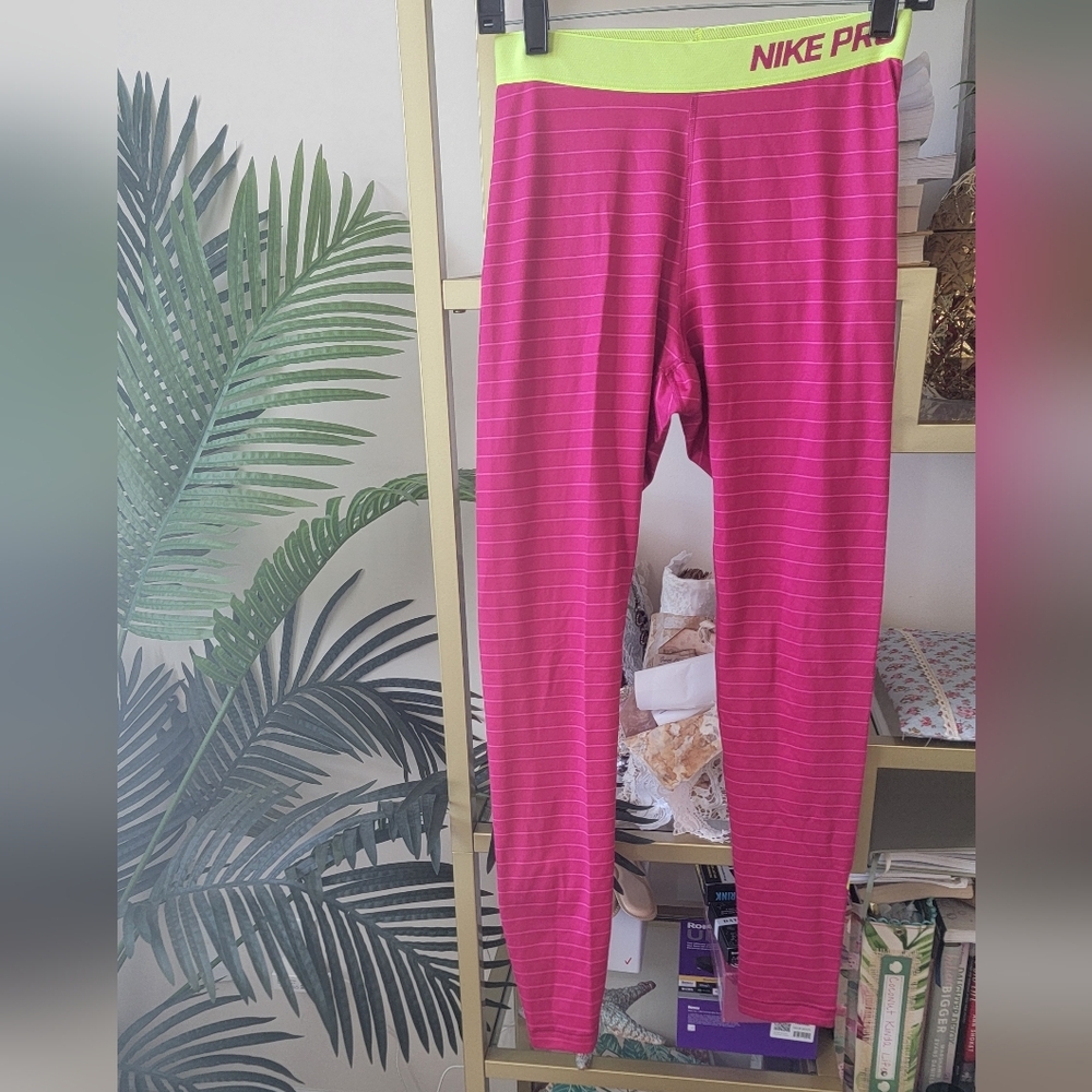 Nike Pro Pink and Lime/ Yellow Striped Dri-Fit Leggings - Women's Size Medium